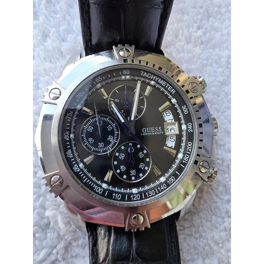 Guess Waterpro Chronograph Mens Watch Black Leather Strap U16518G2 100M Stainles